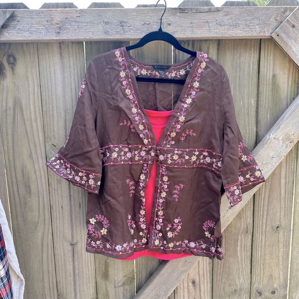 Silkland 100% Linen Embroidered Sequin Button Front Brown Kimono Cardigan Set